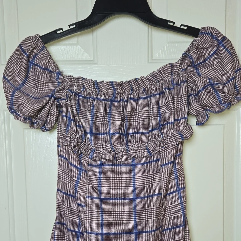 Y.SWAG S Peplum Dress Plaid Off-Shoulder Academia CUTE Cottage Prairie Milk Maid - Picture 3 of 10